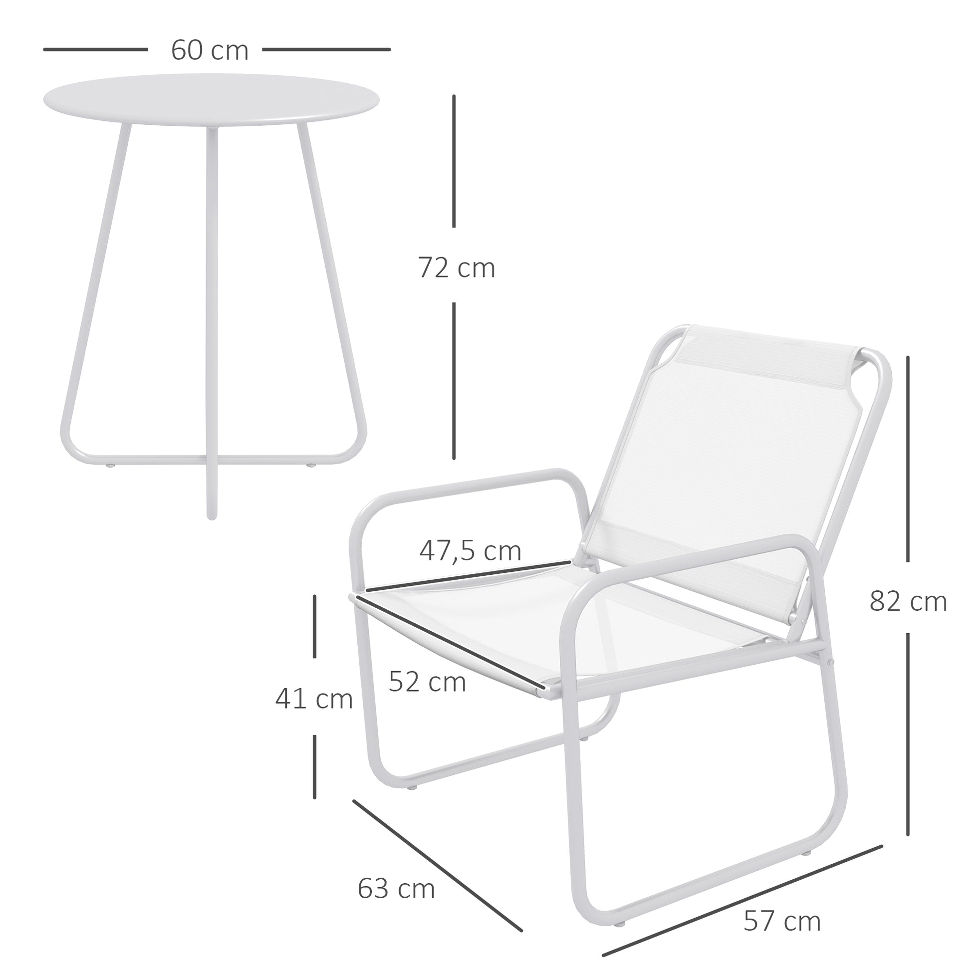 Outdoor Garden Set Garden Furniture Set 1 Round Table and 2 Terrace Chairs with Steel Frame Armrests and Adjustable Foot Pads White