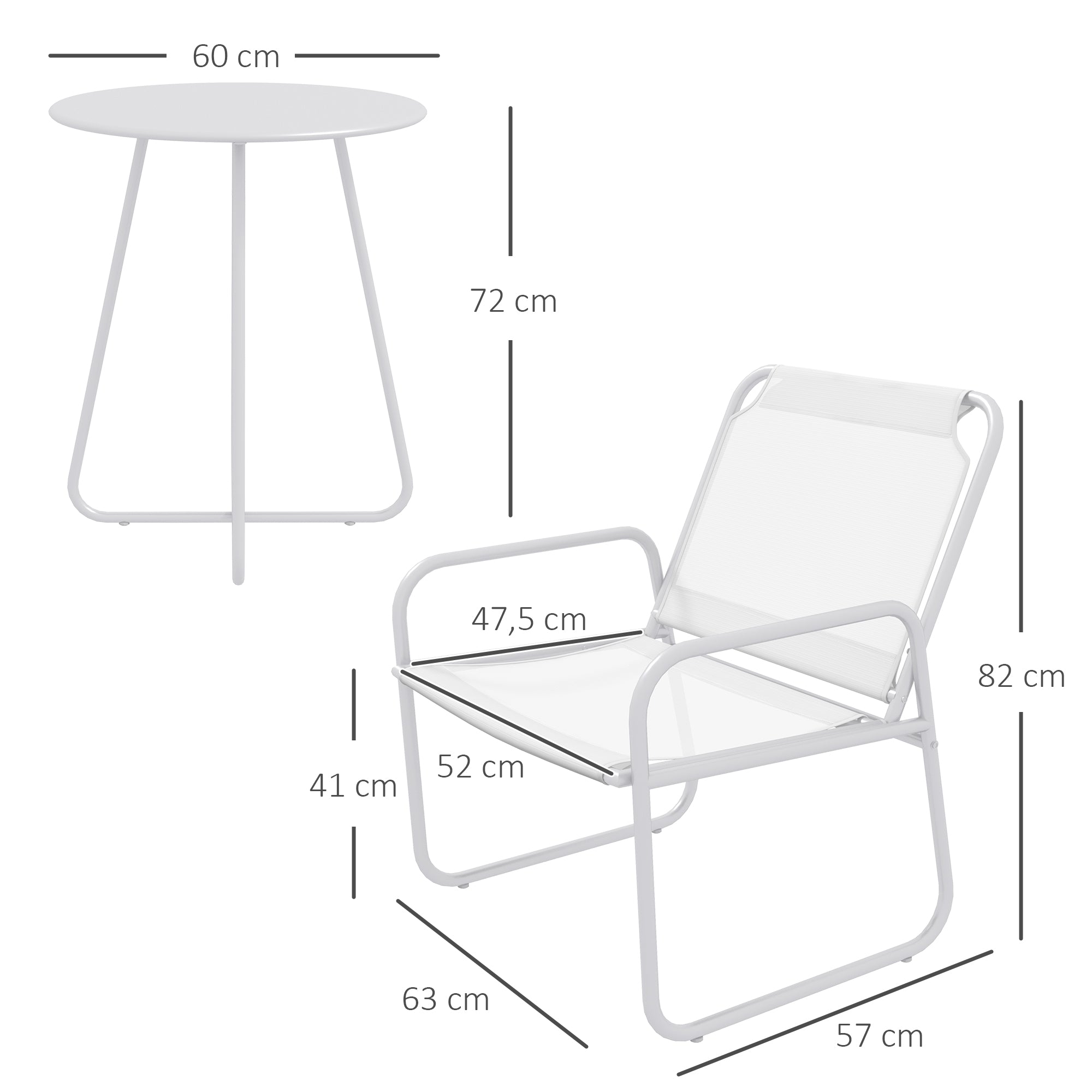 Outdoor Garden Set Garden Furniture Set 1 Round Table and 2 Terrace Chairs with Steel Frame Armrests and Adjustable Foot Pads White
