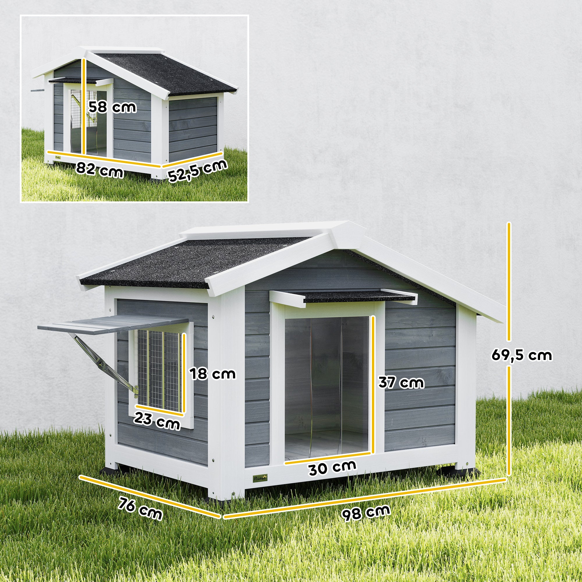Weatherproof Wooden Dog House with Removable Floor, Asphalt Roof & Opening Window, 38.6" x 29.9" x 27.4" – Gray