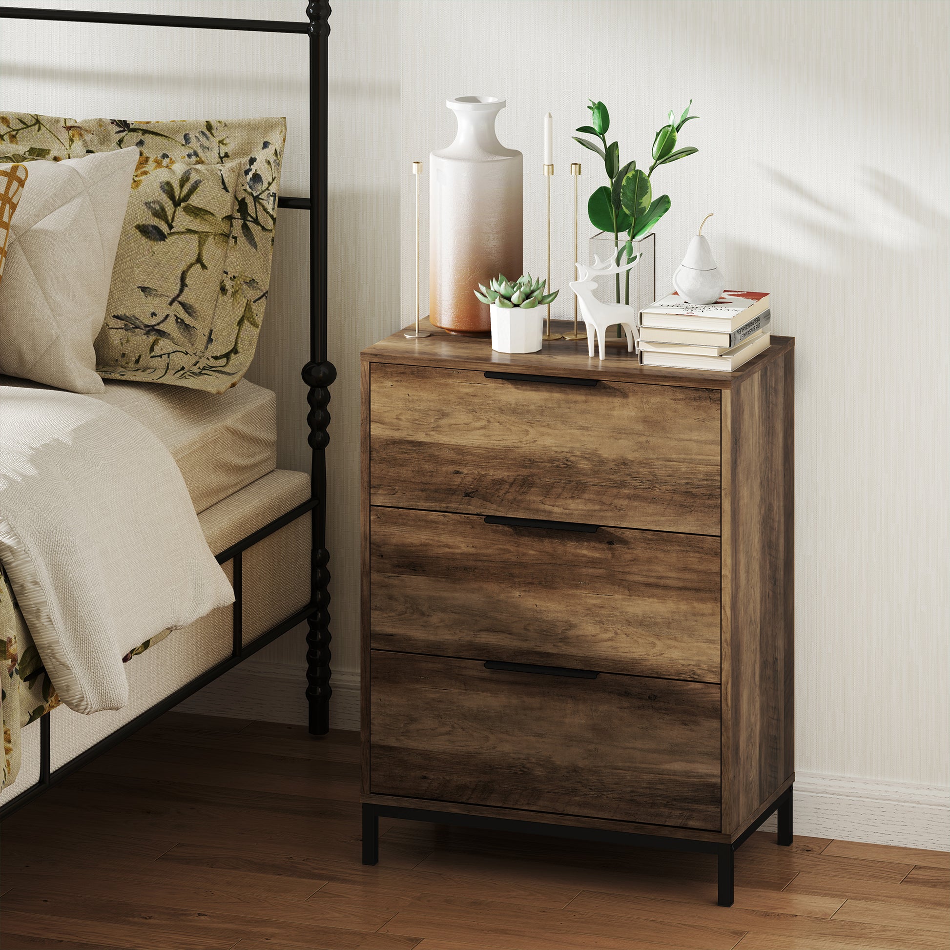 3-Drawer Chest with Black Handles, Anti-Tipping, Chipboard and Metal, 62x35x82 cm, Dark Brown