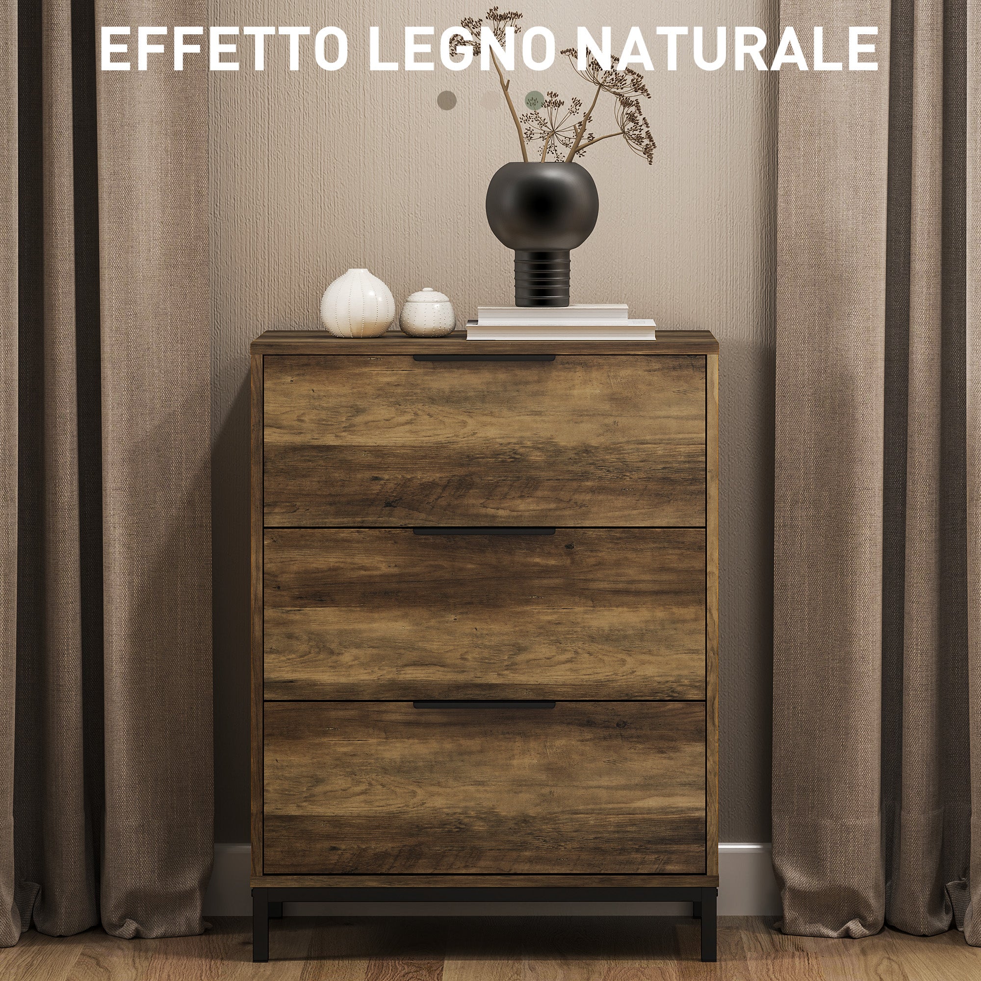 3-Drawer Chest with Black Handles, Anti-Tipping, Chipboard and Metal, 62x35x82 cm, Dark Brown