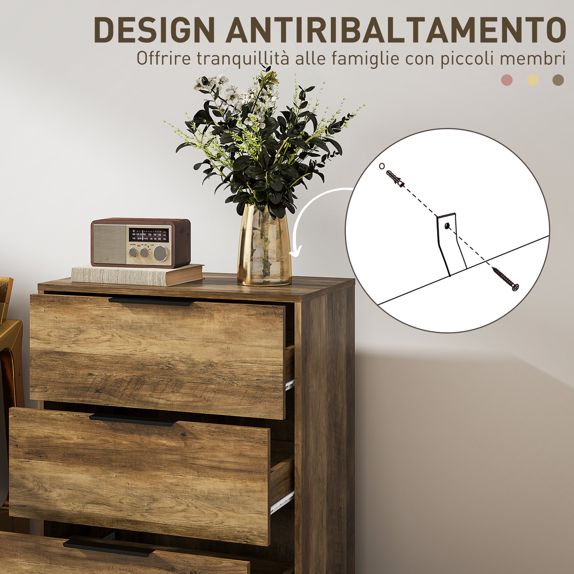 3-Drawer Chest with Black Handles, Anti-Tipping, Chipboard and Metal, 62x35x82 cm, Dark Brown