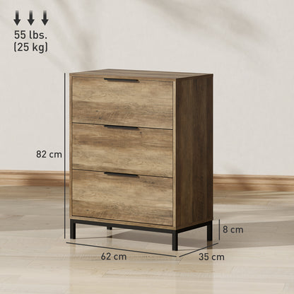 3-Drawer Chest with Black Handles, Anti-Tipping, Chipboard and Metal, 62x35x82 cm, Dark Brown