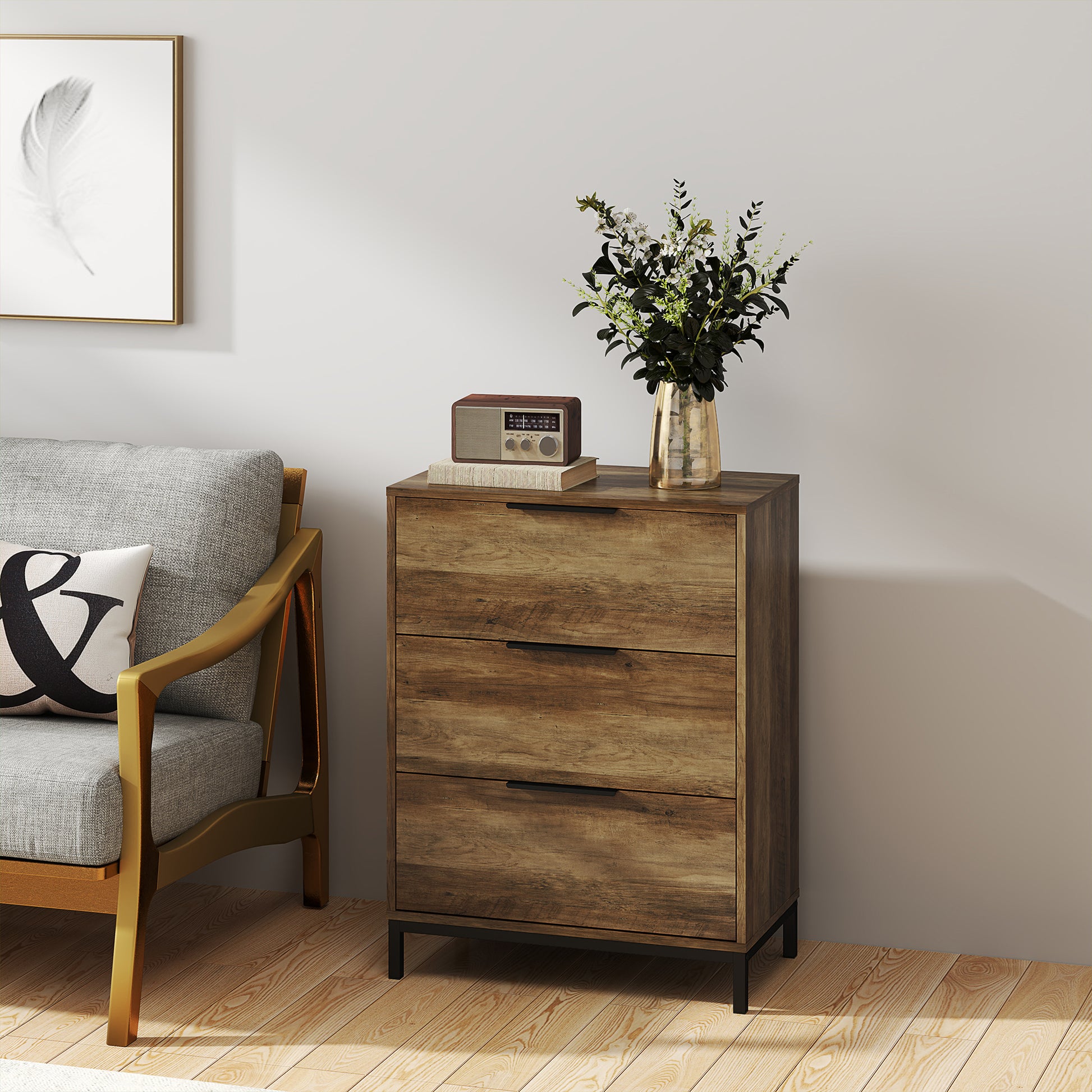 3-Drawer Chest with Black Handles, Anti-Tipping, Chipboard and Metal, 62x35x82 cm, Dark Brown