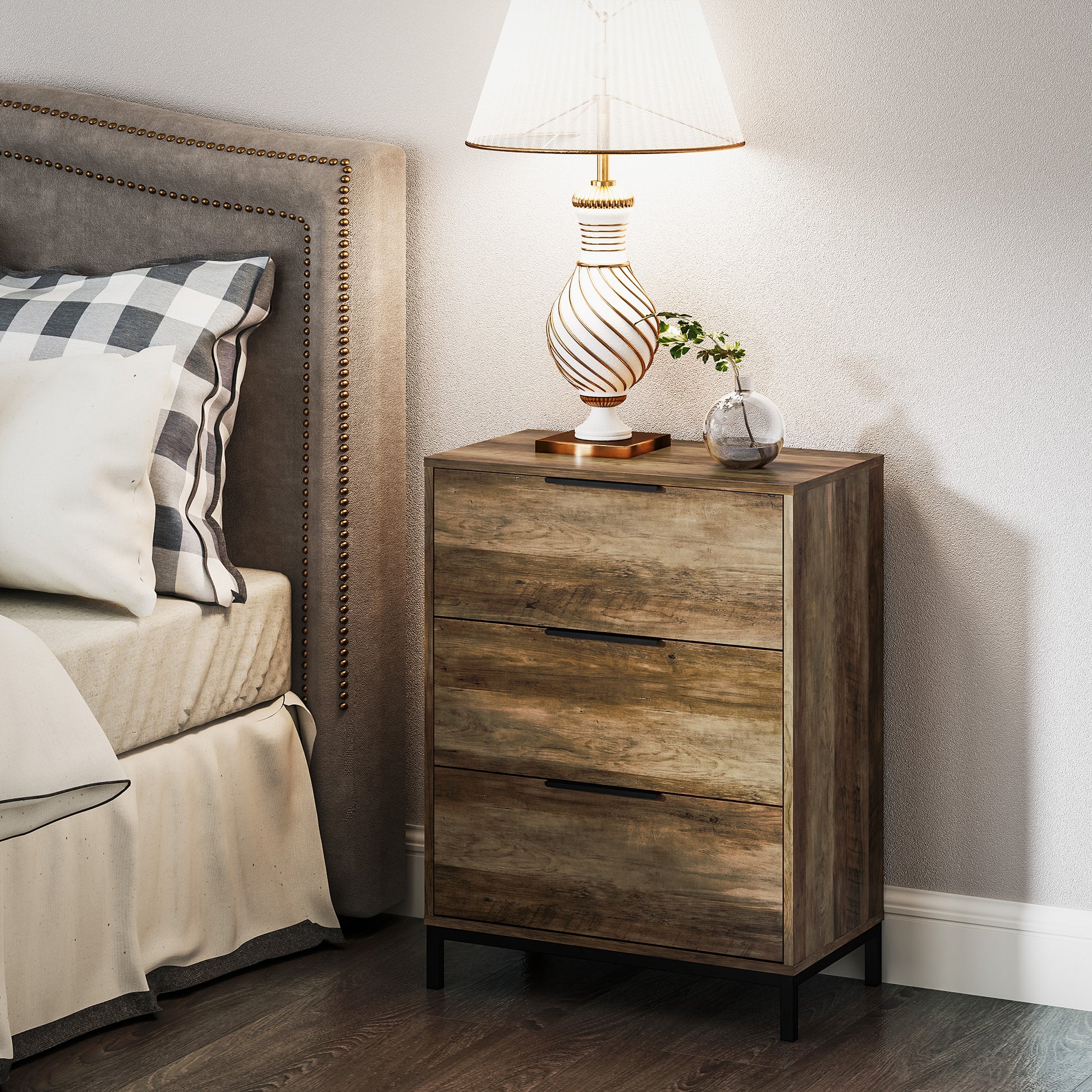 3-Drawer Chest with Black Handles, Anti-Tipping, Chipboard and Metal, 62x35x82 cm, Dark Brown