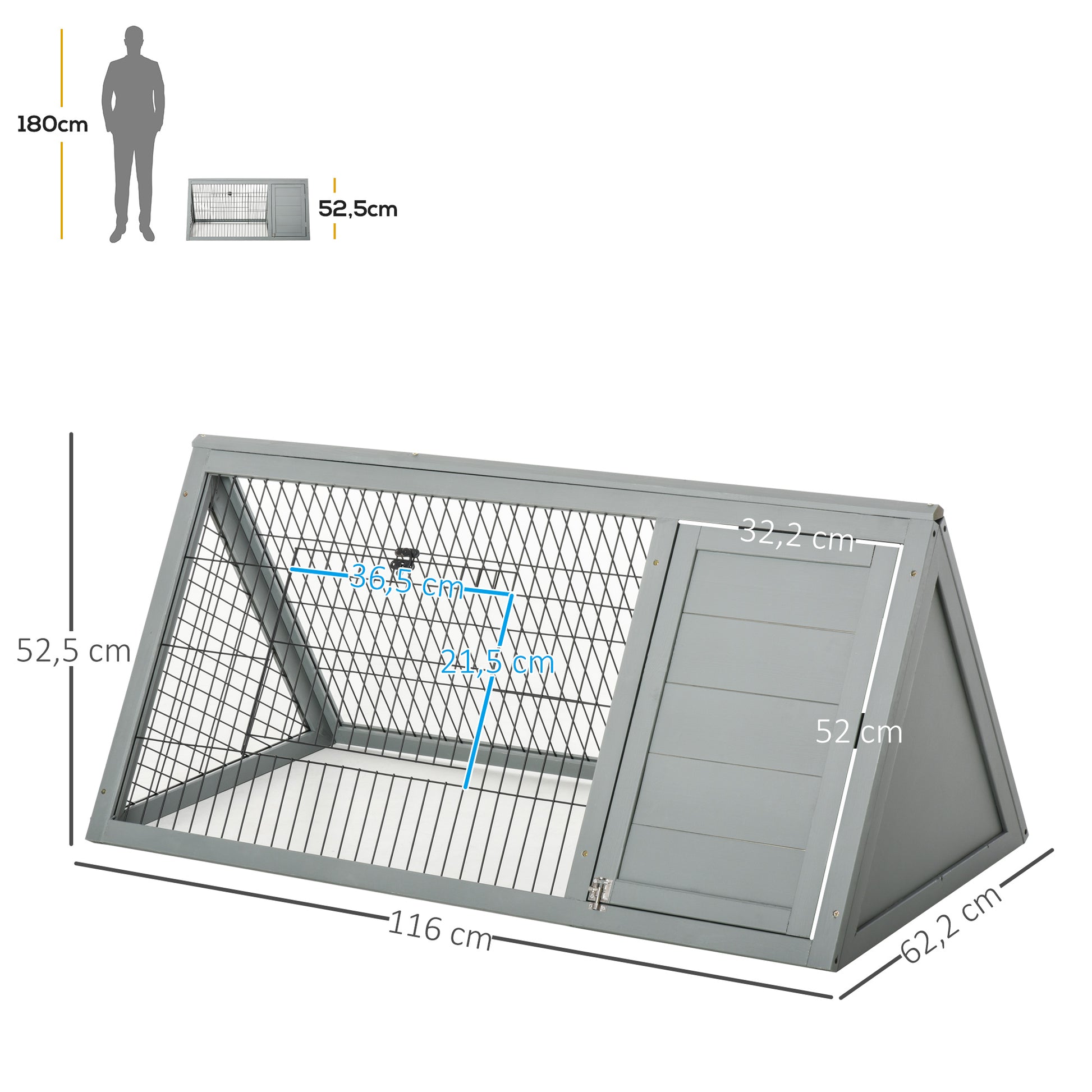 Triangular ground rabbit hutch with outdoor enclosure double door hutch suitable for rabbits, chickens, tortoises dimensions 116L x 62.2W x 52.5H cm solid pine wood in gray