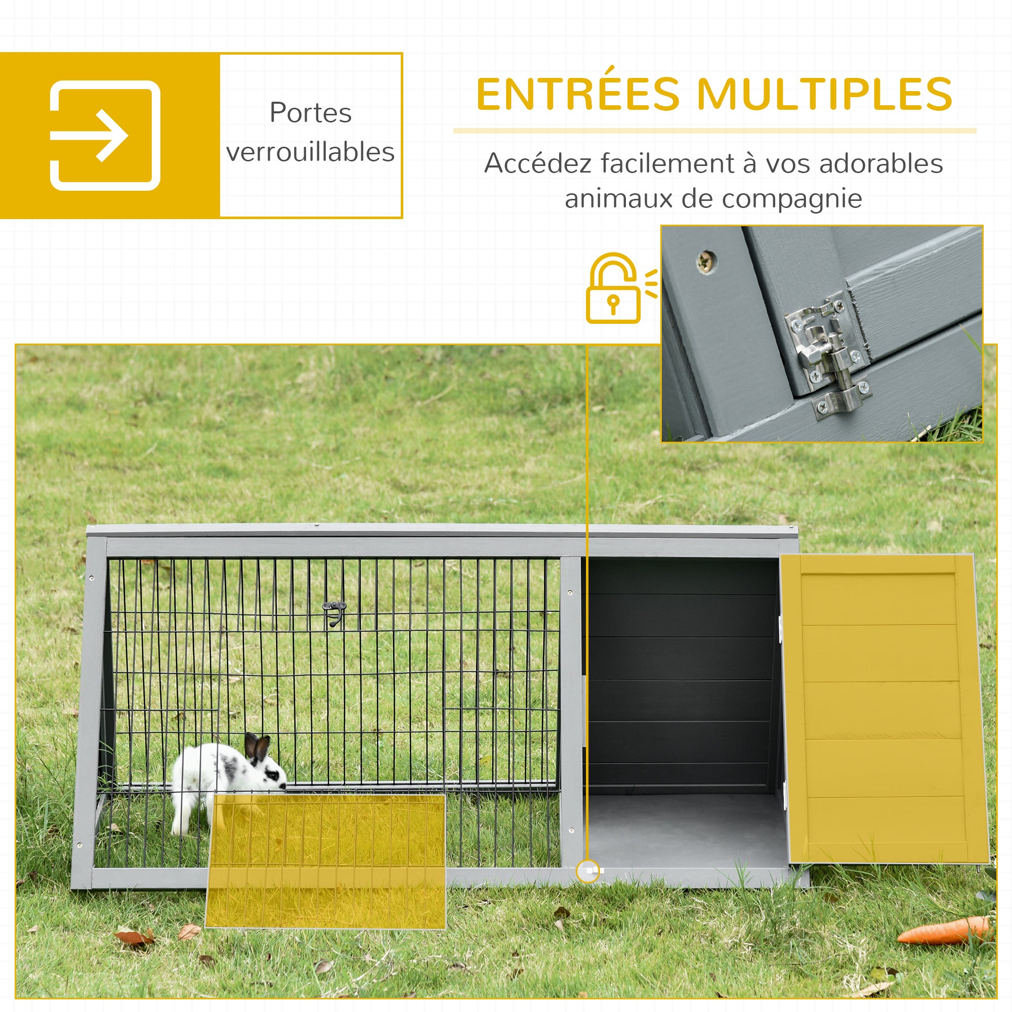 Triangular ground rabbit hutch with outdoor enclosure double door hutch suitable for rabbits, chickens, tortoises dimensions 116L x 62.2W x 52.5H cm solid pine wood in gray