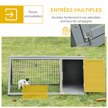 Triangular ground rabbit hutch with outdoor enclosure double door hutch suitable for rabbits, chickens, tortoises dimensions 116L x 62.2W x 52.5H cm solid pine wood in gray