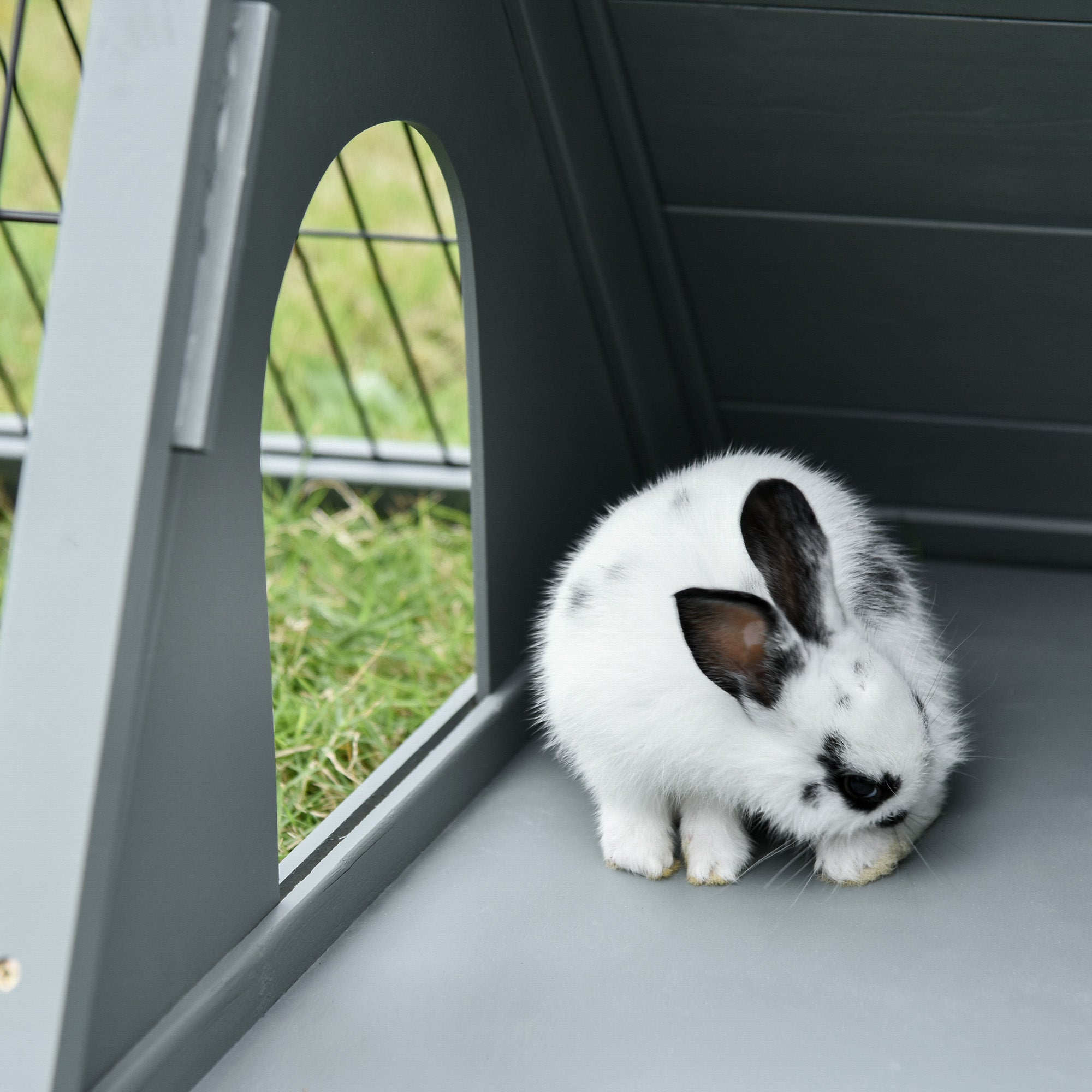 Triangular ground rabbit hutch with outdoor enclosure double door hutch suitable for rabbits, chickens, tortoises dimensions 116L x 62.2W x 52.5H cm solid pine wood in gray