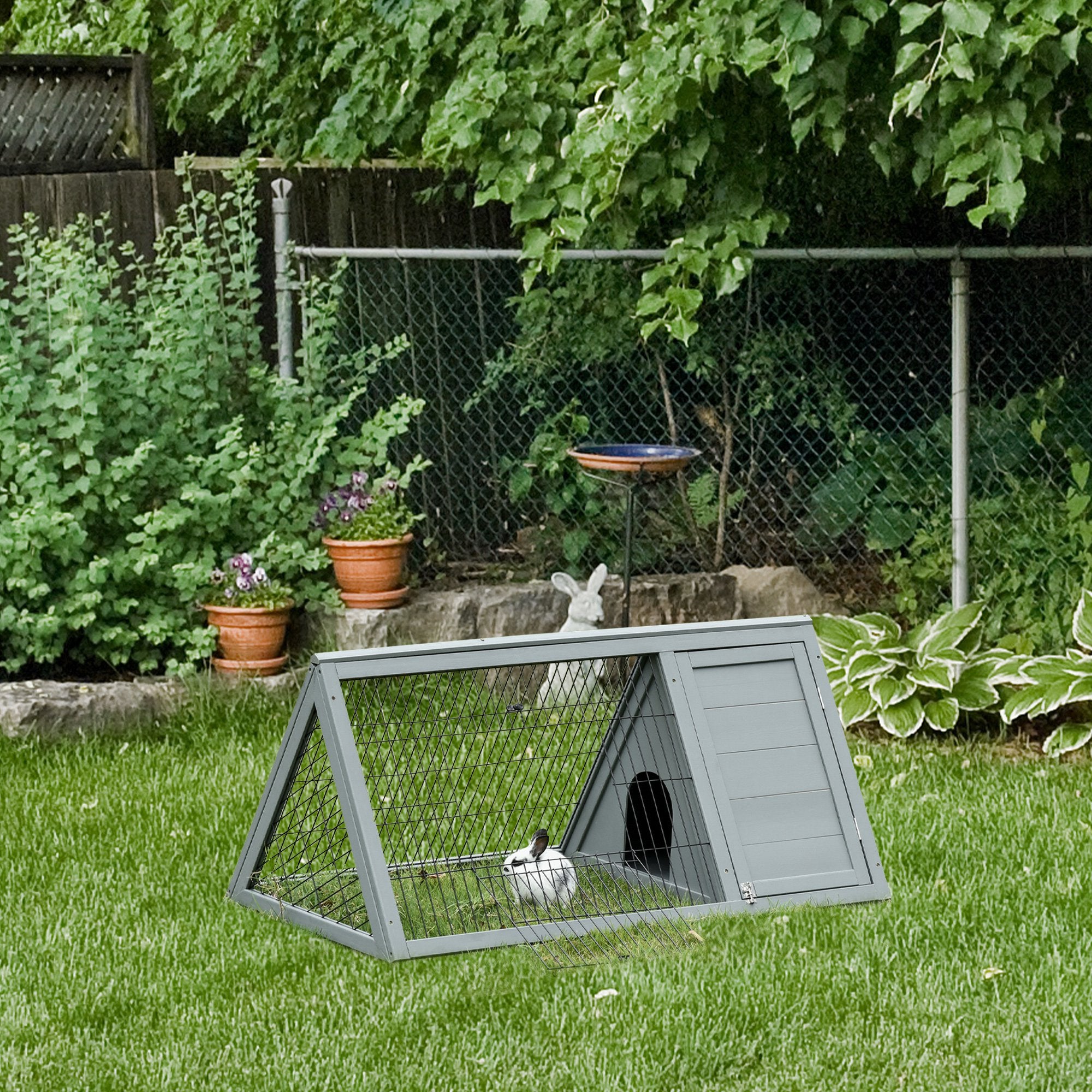 Triangular ground rabbit hutch with outdoor enclosure double door hutch suitable for rabbits, chickens, tortoises dimensions 116L x 62.2W x 52.5H cm solid pine wood in gray