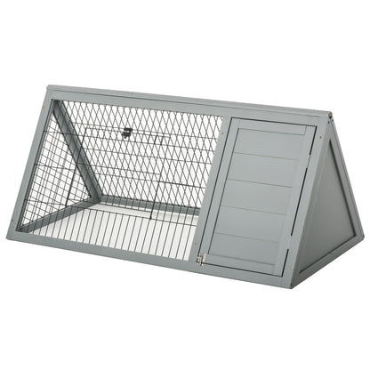 Triangular ground rabbit hutch with outdoor enclosure double door hutch suitable for rabbits, chickens, tortoises dimensions 116L x 62.2W x 52.5H cm solid pine wood in gray
