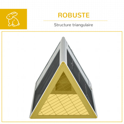 Triangular ground rabbit hutch with outdoor enclosure double door hutch suitable for rabbits, chickens, tortoises dimensions 116L x 62.2W x 52.5H cm solid pine wood in gray