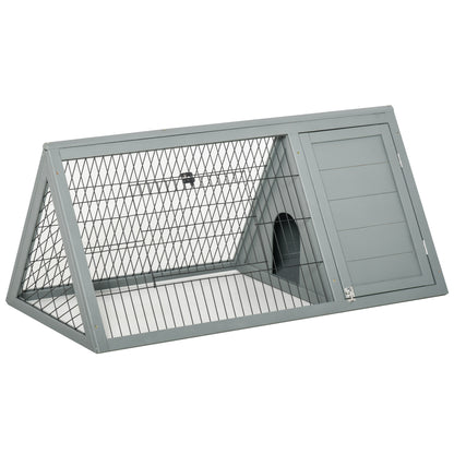Triangular ground rabbit hutch with outdoor enclosure double door hutch suitable for rabbits, chickens, tortoises dimensions 116L x 62.2W x 52.5H cm solid pine wood in gray