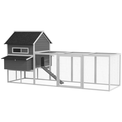 Chicken Coop 2 Levels Chicken House with Nesting Box, Outdoor Run Poultry Coop Enclosure for 8-10 Chickens Winterproof Hutch with Tray, Chicken Pen, Pine Wood 347 x 160 x 150 cm Gray