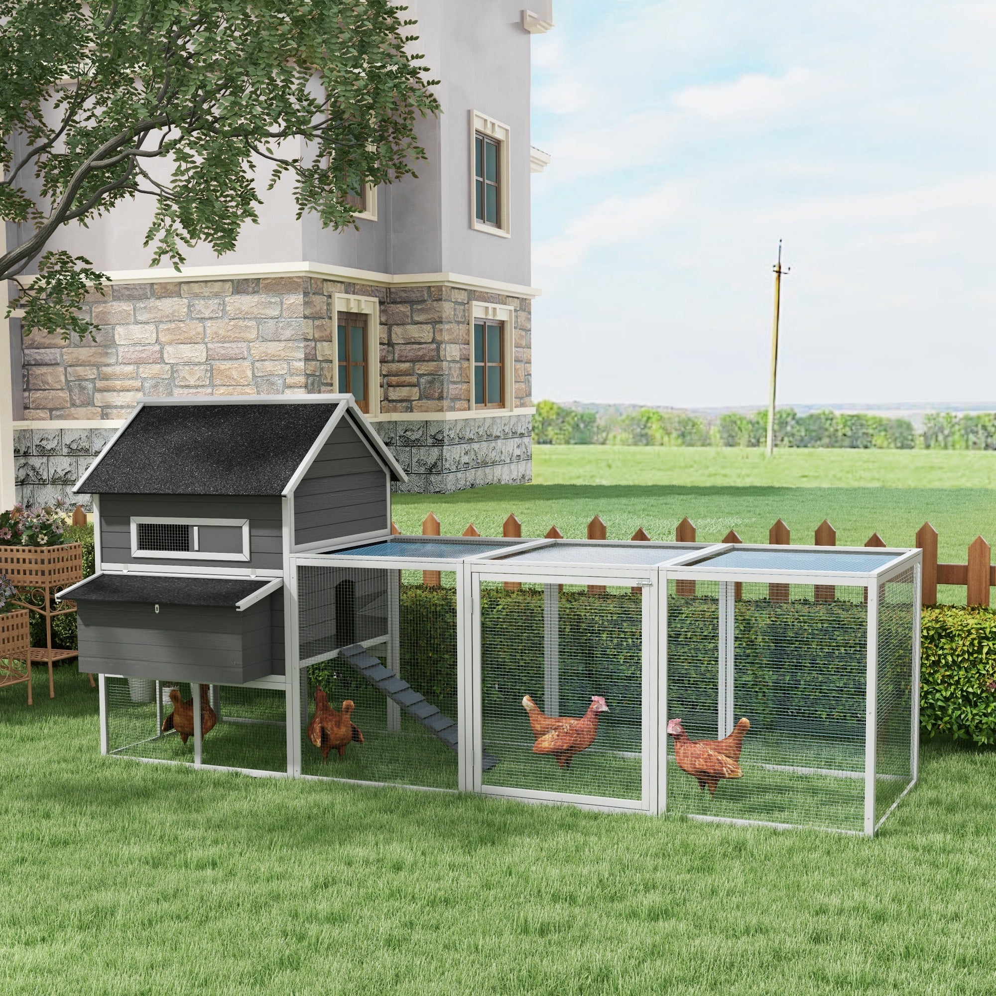 Chicken Coop 2 Levels Chicken House with Nesting Box, Outdoor Run Poultry Coop Enclosure for 8-10 Chickens Winterproof Hutch with Tray, Chicken Pen, Pine Wood 347 x 160 x 150 cm Gray