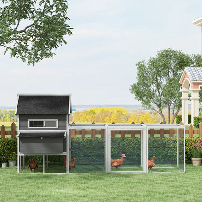 Chicken Coop 2 Levels Chicken House with Nesting Box, Outdoor Run Poultry Coop Enclosure for 8-10 Chickens Winterproof Hutch with Tray, Chicken Pen, Pine Wood 347 x 160 x 150 cm Gray
