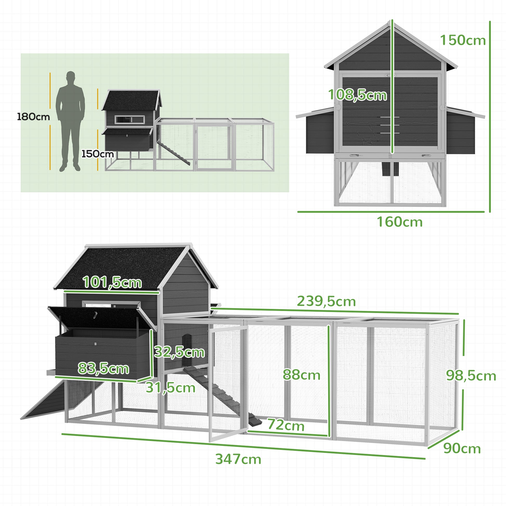 Chicken Coop 2 Levels Chicken House with Nesting Box, Outdoor Run Poultry Coop Enclosure for 8-10 Chickens Winterproof Hutch with Tray, Chicken Pen, Pine Wood 347 x 160 x 150 cm Gray