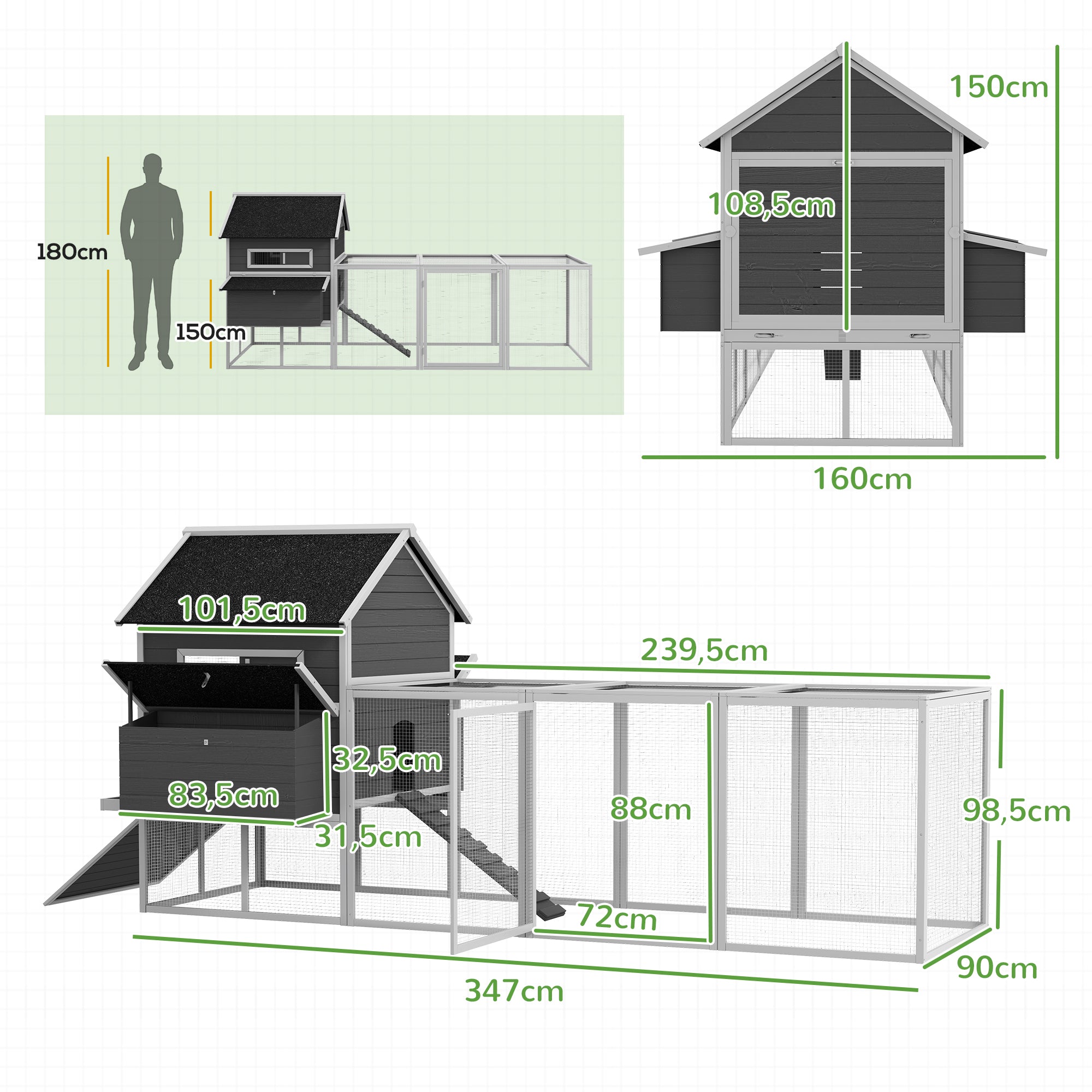 Chicken Coop 2 Levels Chicken House with Nesting Box, Outdoor Run Poultry Coop Enclosure for 8-10 Chickens Winterproof Hutch with Tray, Chicken Pen, Pine Wood 347 x 160 x 150 cm Gray