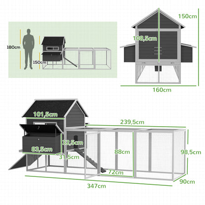 Chicken Coop 2 Levels Chicken House with Nesting Box, Outdoor Run Poultry Coop Enclosure for 8-10 Chickens Winterproof Hutch with Tray, Chicken Pen, Pine Wood 347 x 160 x 150 cm Gray