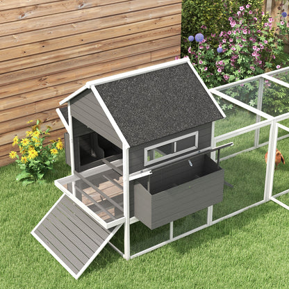 Chicken Coop 2 Levels Chicken House with Nesting Box, Outdoor Run Poultry Coop Enclosure for 8-10 Chickens Winterproof Hutch with Tray, Chicken Pen, Pine Wood 347 x 160 x 150 cm Gray