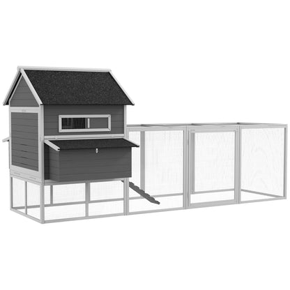 Chicken Coop 2 Levels Chicken House with Nesting Box, Outdoor Run Poultry Coop Enclosure for 8-10 Chickens Winterproof Hutch with Tray, Chicken Pen, Pine Wood 347 x 160 x 150 cm Gray