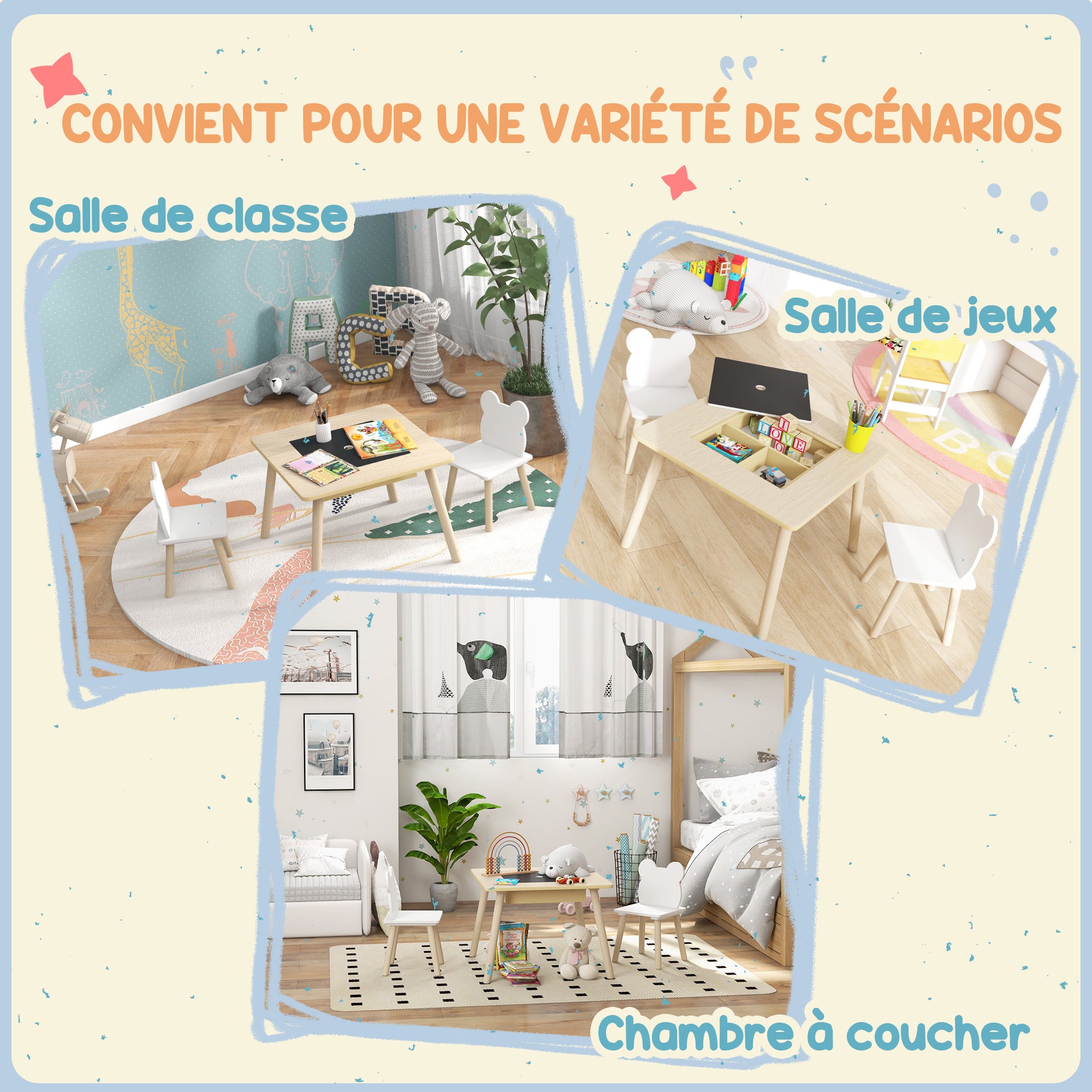 3-Piece Kids Table and 2 Chair Set with Reversible Top, Storage Space, Natural Wood