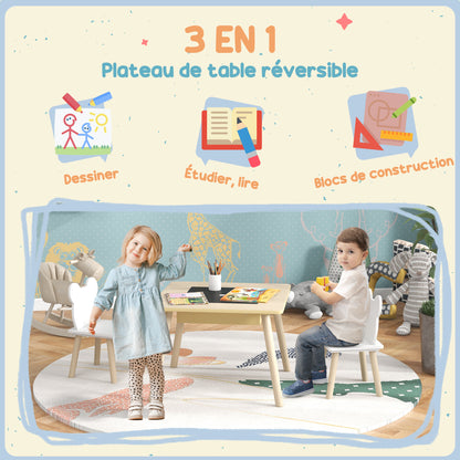 3-Piece Kids Table and 2 Chair Set with Reversible Top, Storage Space, Natural Wood