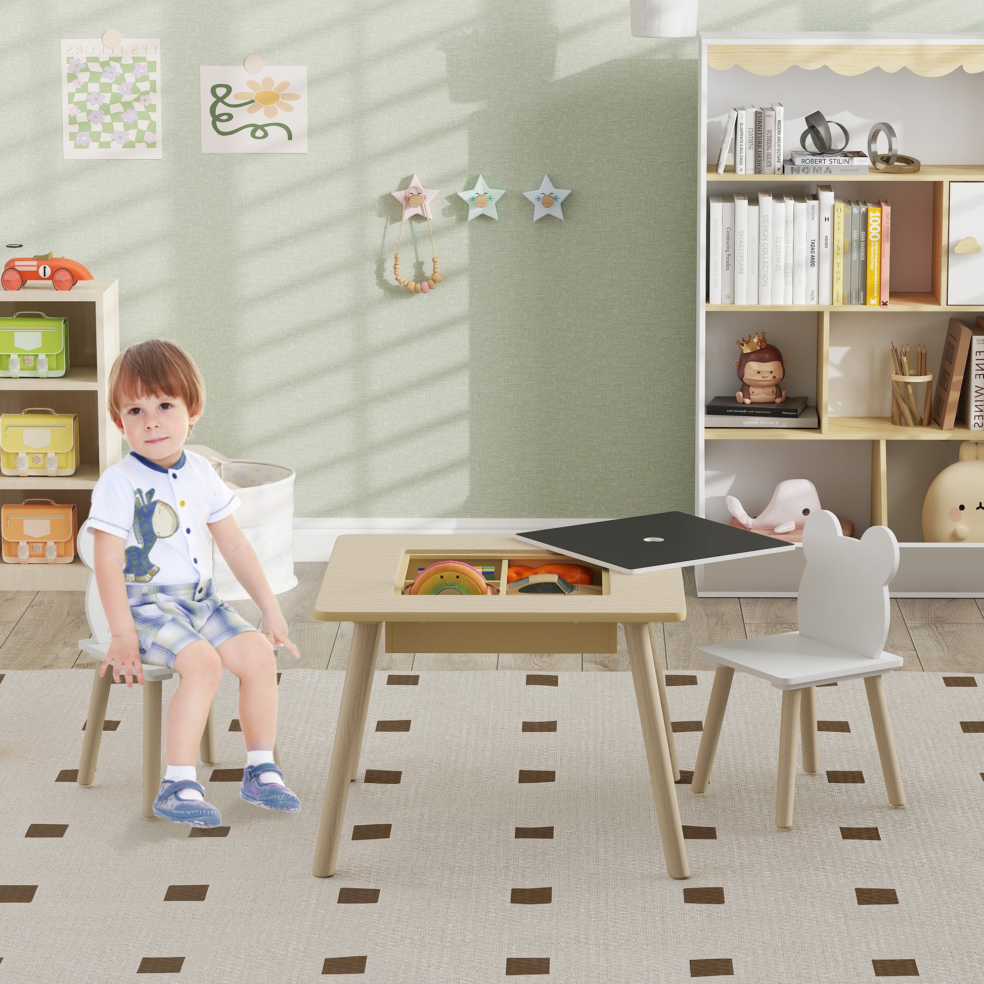 3-Piece Kids Table and 2 Chair Set with Reversible Top, Storage Space, Natural Wood