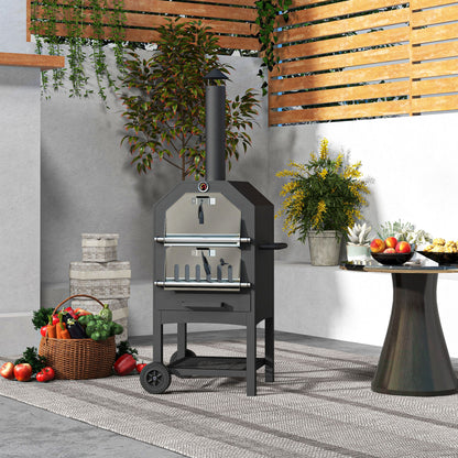 2-In-1 Pizza Oven Outdoor with Wheels Grill Oven with Cover Pizza Peel 2 Grill Nets Grill Cart with Chimney 3-Tier Wood Fired Oven for BBQ Steel Black+Silver 66 x 45 x 158 cm