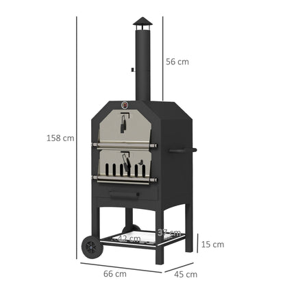 2-In-1 Pizza Oven Outdoor with Wheels Grill Oven with Cover Pizza Peel 2 Grill Nets Grill Cart with Chimney 3-Tier Wood Fired Oven for BBQ Steel Black+Silver 66 x 45 x 158 cm