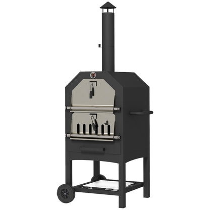 2-In-1 Pizza Oven Outdoor with Wheels Grill Oven with Cover Pizza Peel 2 Grill Nets Grill Cart with Chimney 3-Tier Wood Fired Oven for BBQ Steel Black+Silver 66 x 45 x 158 cm