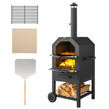 2-In-1 Pizza Oven Outdoor with Wheels Grill Oven with Cover Pizza Peel 2 Grill Nets Grill Cart with Chimney 3-Tier Wood Fired Oven for BBQ Steel Black+Silver 66 x 45 x 158 cm