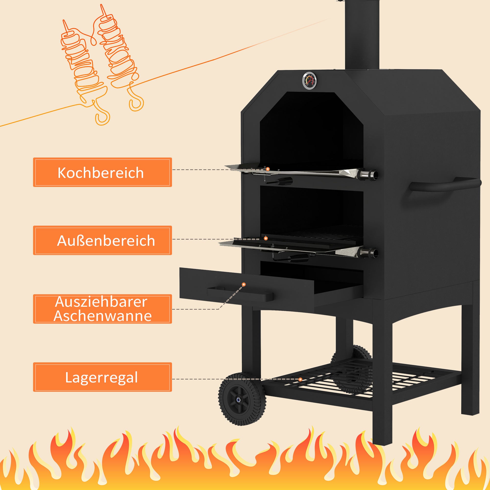 2-In-1 Pizza Oven Outdoor with Wheels Grill Oven with Cover Pizza Peel 2 Grill Nets Grill Cart with Chimney 3-Tier Wood Fired Oven for BBQ Steel Black+Silver 66 x 45 x 158 cm