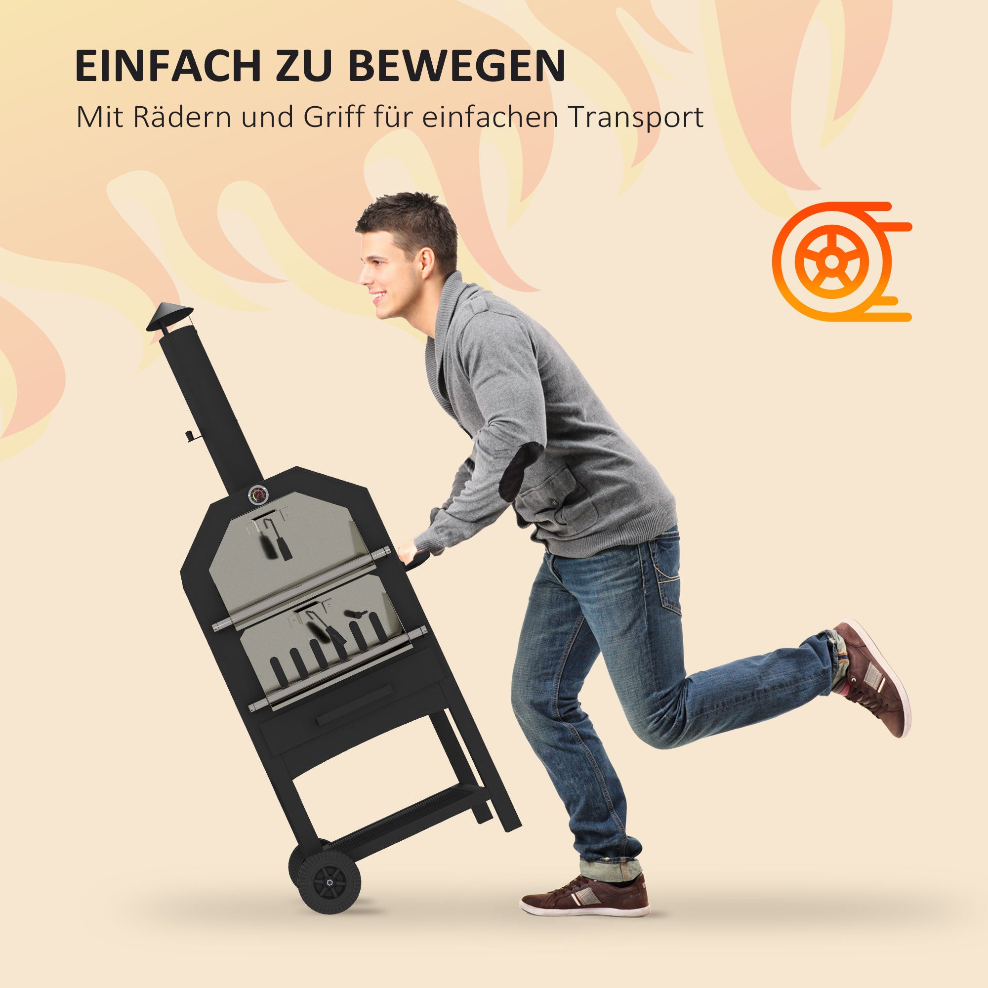 2-In-1 Pizza Oven Outdoor with Wheels Grill Oven with Cover Pizza Peel 2 Grill Nets Grill Cart with Chimney 3-Tier Wood Fired Oven for BBQ Steel Black+Silver 66 x 45 x 158 cm