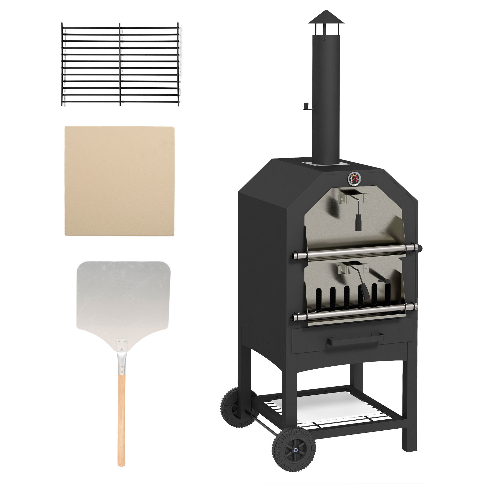 2-In-1 Pizza Oven Outdoor with Wheels Grill Oven with Cover Pizza Peel 2 Grill Nets Grill Cart with Chimney 3-Tier Wood Fired Oven for BBQ Steel Black+Silver 66 x 45 x 158 cm