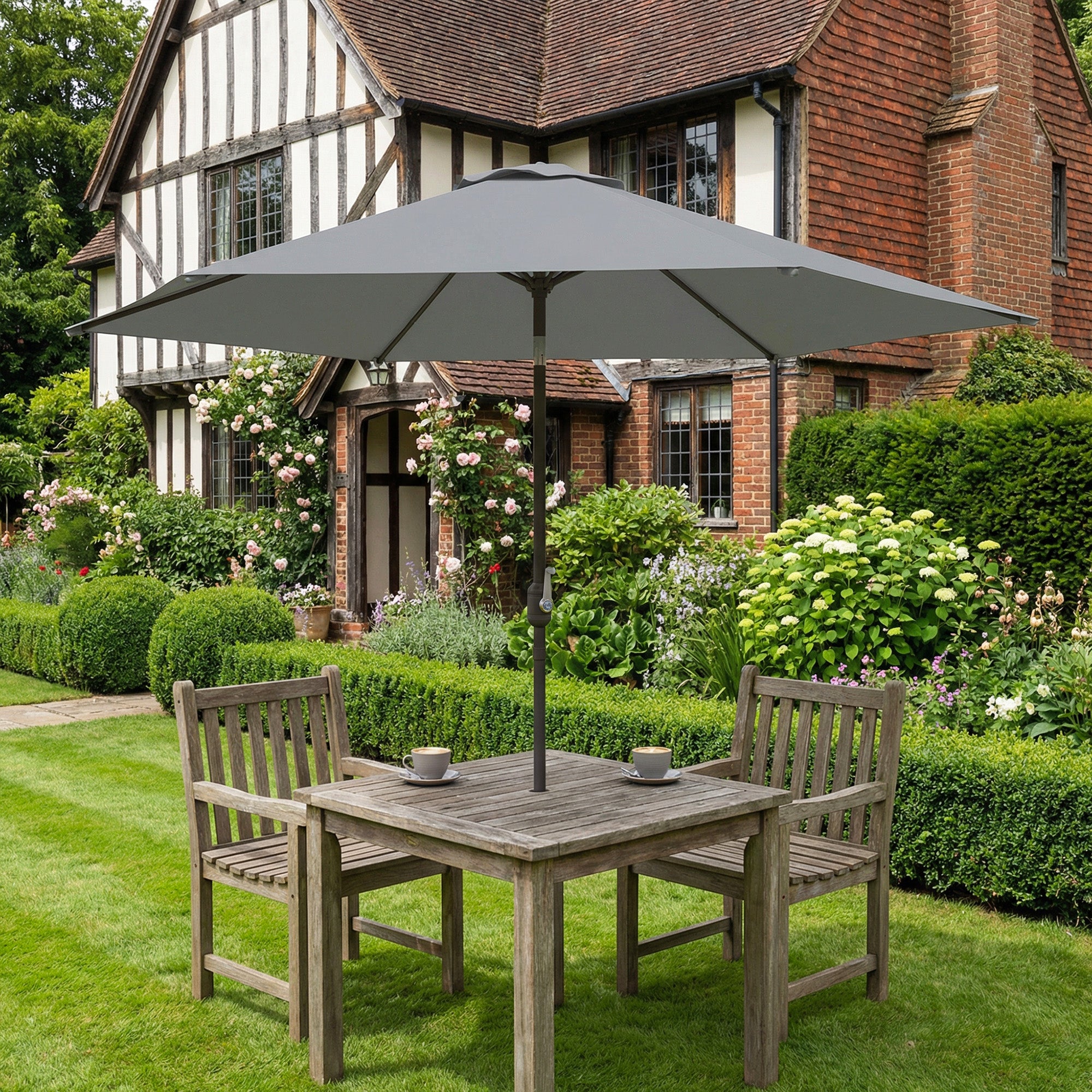 9.7 ft (295 cm) Tilting Patio Umbrella with Crank and Cover — Wind-Resistant, Vented Market Umbrella for Garden, Balcony, Terrace, Gray