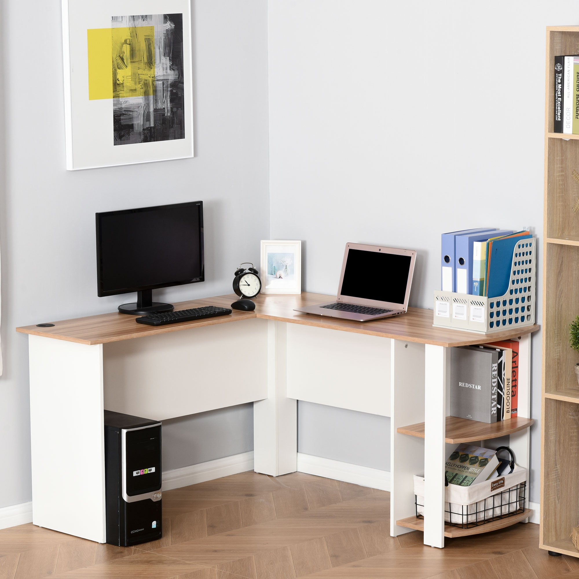 PC Computer Desk with Shelves for Office Home L-Shaped Corner 136x130x72cm Wood