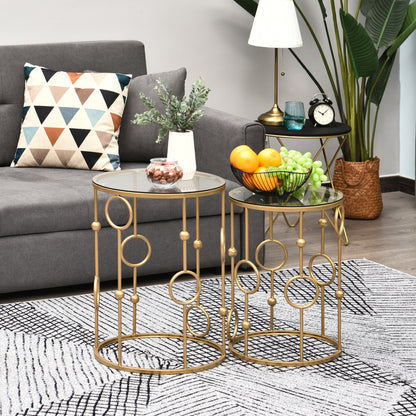 2-Piece Coffee Table Set, Side Table with Glass Top, Living Room Table with Tire and Ball Design, Coffee Table for Living Room, Bedroom, Hallway, Ø41 x 57 cm, Gold