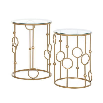 2-Piece Coffee Table Set, Side Table with Glass Top, Living Room Table with Tire and Ball Design, Coffee Table for Living Room, Bedroom, Hallway, Ø41 x 57 cm, Gold