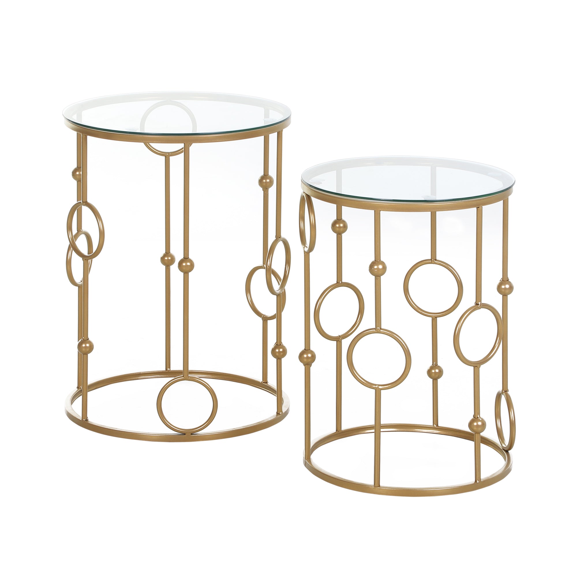 2-Piece Coffee Table Set, Side Table with Glass Top, Living Room Table with Tire and Ball Design, Coffee Table for Living Room, Bedroom, Hallway, Ø41 x 57 cm, Gold