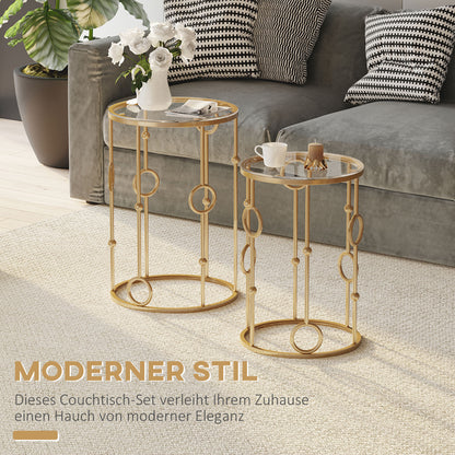 2-Piece Coffee Table Set, Side Table with Glass Top, Living Room Table with Tire and Ball Design, Coffee Table for Living Room, Bedroom, Hallway, Ø41 x 57 cm, Gold