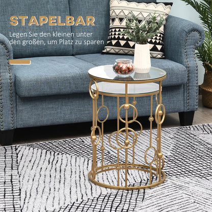 2-Piece Coffee Table Set, Side Table with Glass Top, Living Room Table with Tire and Ball Design, Coffee Table for Living Room, Bedroom, Hallway, Ø41 x 57 cm, Gold