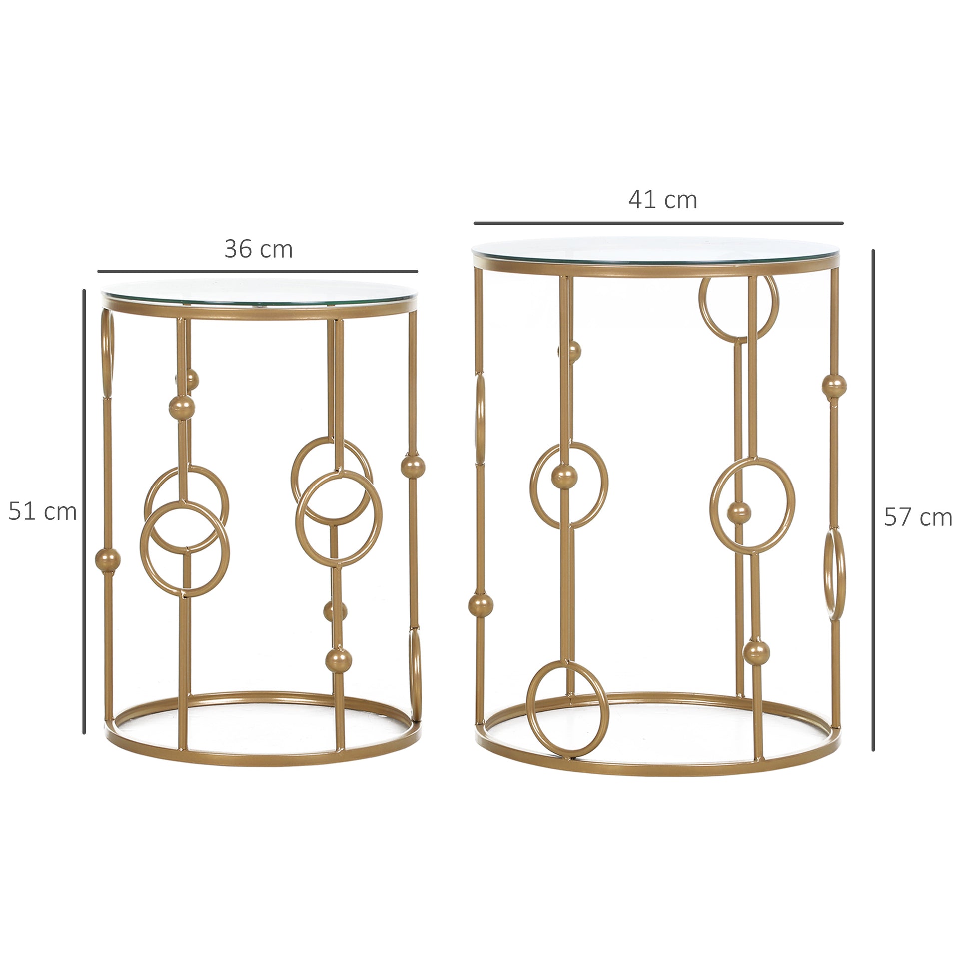 2-Piece Coffee Table Set, Side Table with Glass Top, Living Room Table with Tire and Ball Design, Coffee Table for Living Room, Bedroom, Hallway, Ø41 x 57 cm, Gold