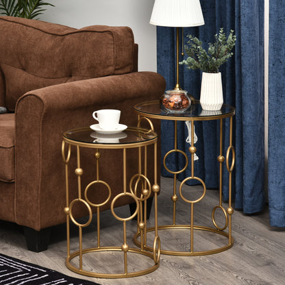 2-Piece Coffee Table Set, Side Table with Glass Top, Living Room Table with Tire and Ball Design, Coffee Table for Living Room, Bedroom, Hallway, Ø41 x 57 cm, Gold