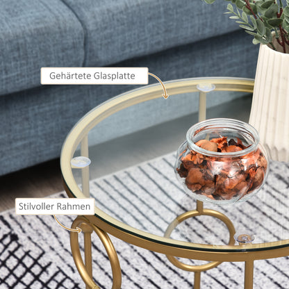 2-Piece Coffee Table Set, Side Table with Glass Top, Living Room Table with Tire and Ball Design, Coffee Table for Living Room, Bedroom, Hallway, Ø41 x 57 cm, Gold