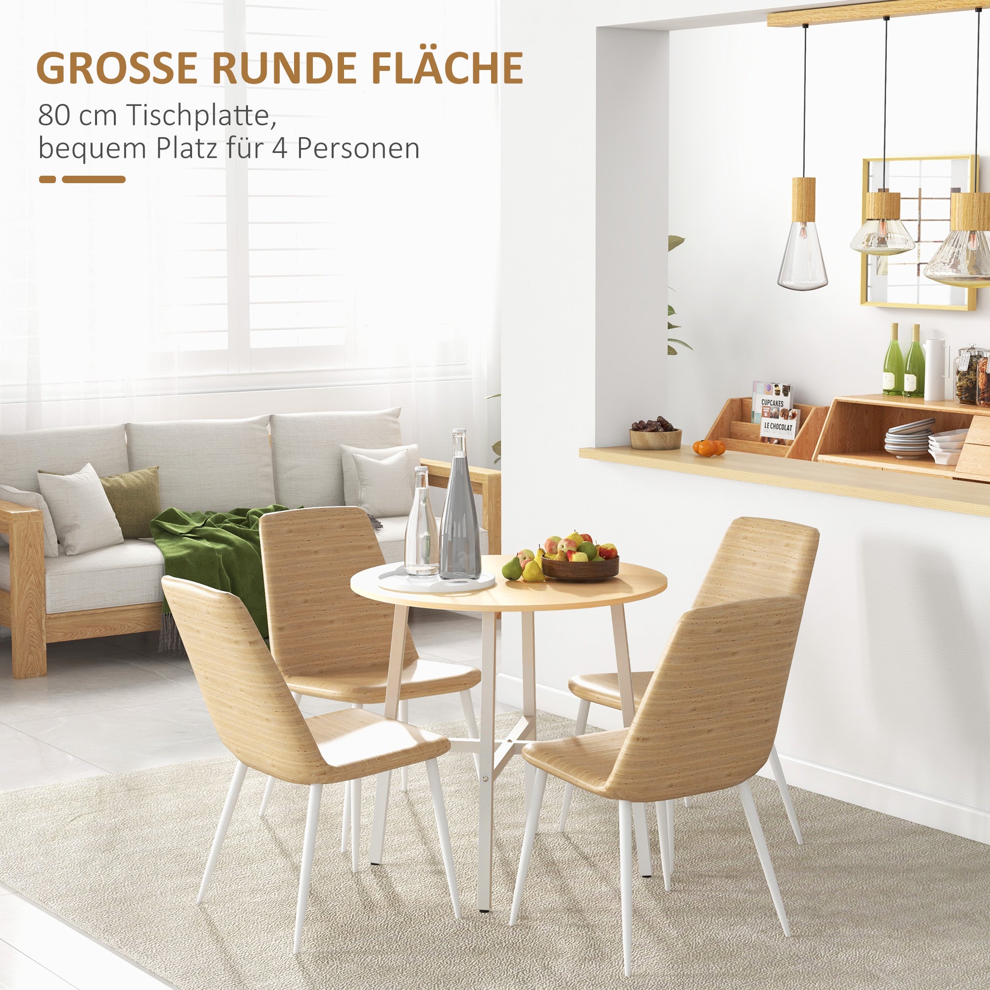 Dining Table Kitchen Table for 4 Persons, Living Room Table in Modern Design for Dining Room, Kitchen, Steel, Natural Wood, 80 x 80 x 76 cm