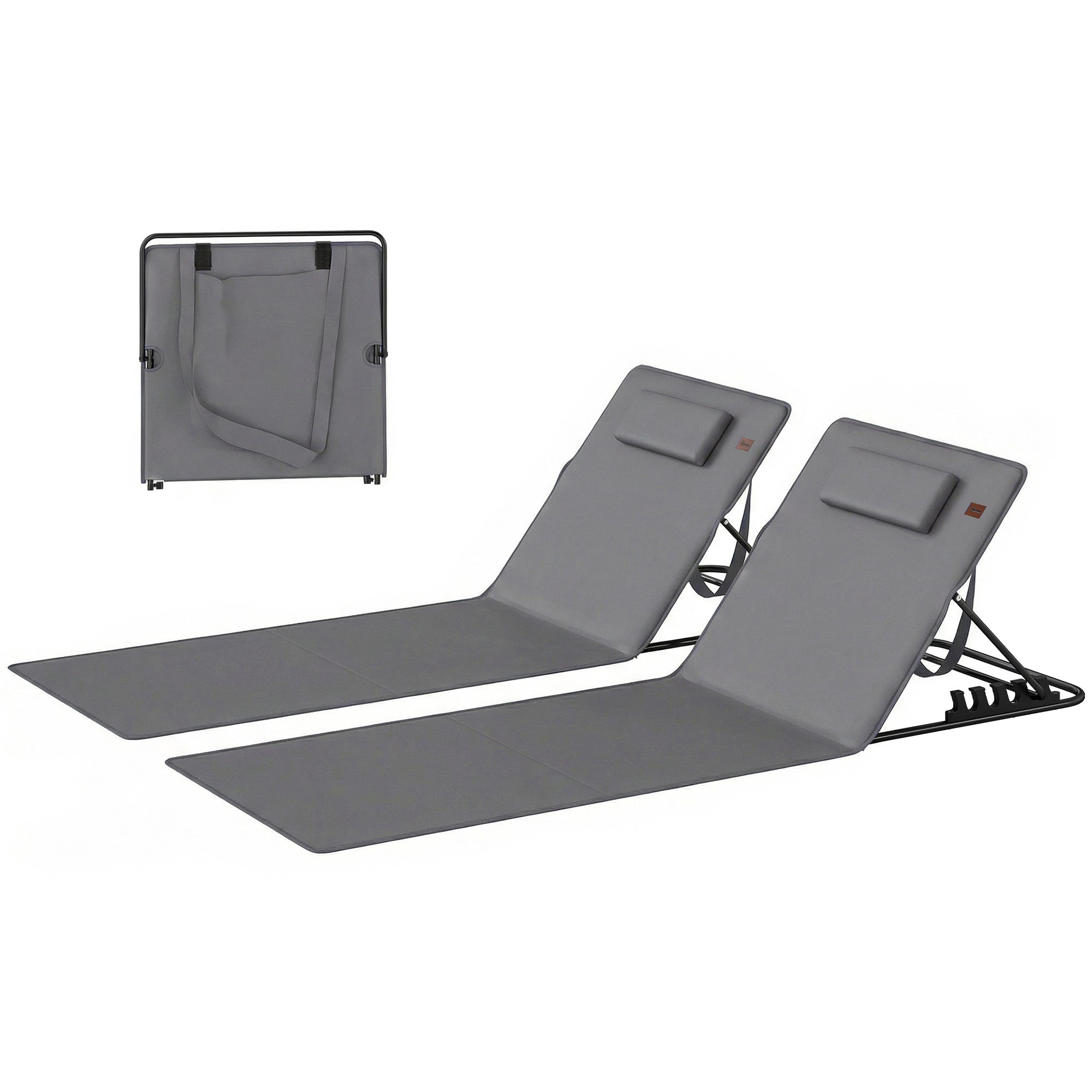 2-Pack Folding Beach Loungers with Adjustable Backrest, Pillow & Carry Bag – Dark Gray