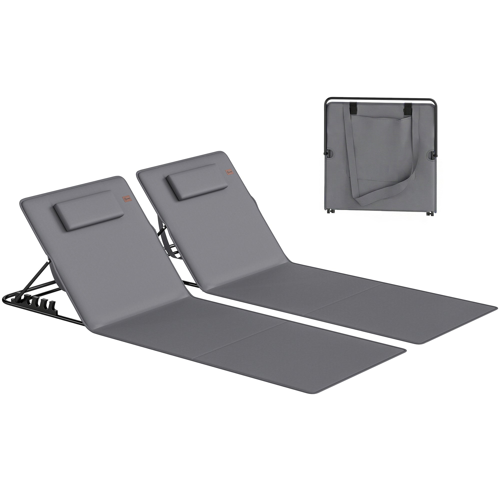 2-Pack Folding Beach Loungers with Adjustable Backrest, Pillow & Carry Bag – Dark Gray