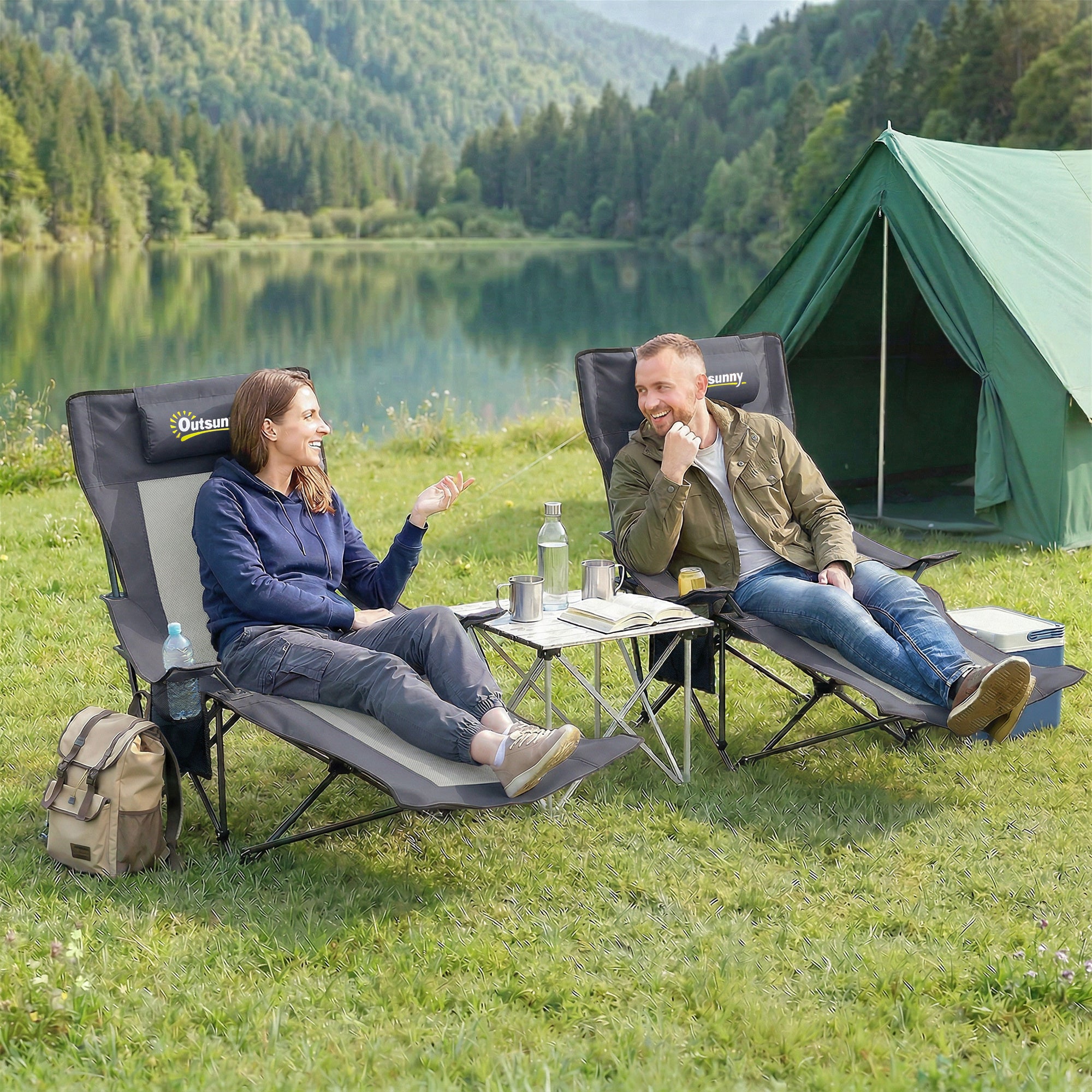 2-Pack Folding Camping Chairs, Adjustable Backrest, Footrest, Cup Holder & Headrest, Garden & Beach Chairs for Adults, Folding Recliners, Up to 265 lb