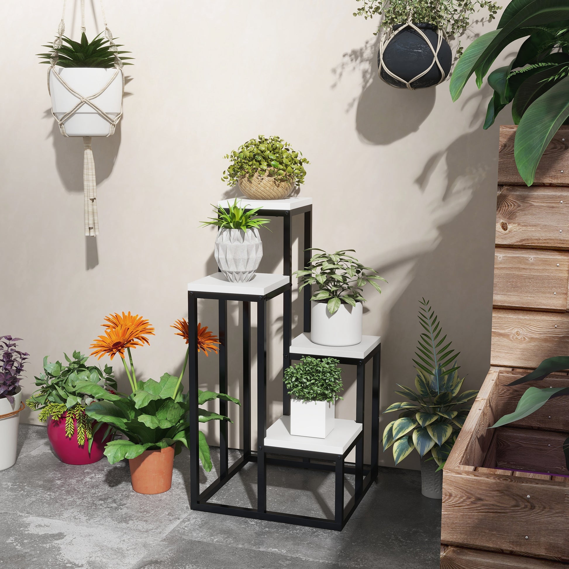 Plant Stand Steel, Flower Rack, Plant Shelf Flower Stairs with 4 Levels, Flower Stand, Plant Stand for Garden, Balcony, White, 34 x 34 x 70 cm